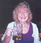 Maureen Lyle drinking a litre of beer
